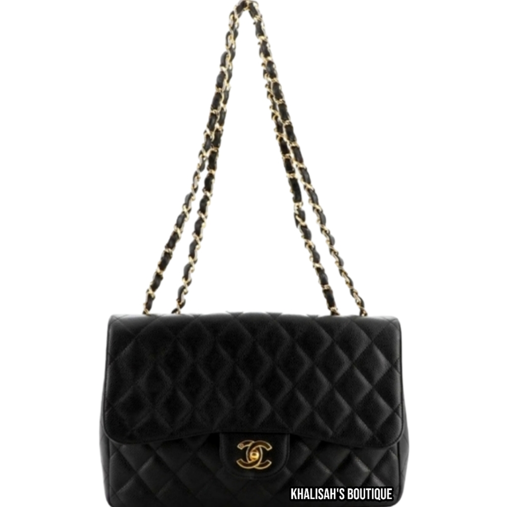 Rare! Chanel CC 24 kt Gold HW Classic Single Flap Bag Quilted BLACK Caviar JUMBO - Picture 4 of 16
